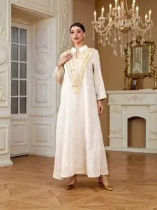 Women's Muslim Long Robe Lace Embroidery Sequins Patchwork Evening Dress, V Neck Modest, High-End Abaya for Party and Eid Events