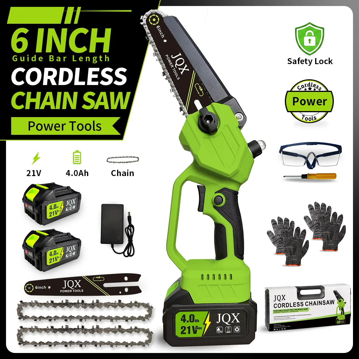 JQX 21V 6-Inch Mini Cordless Chainsaw, Handheld Electric Tree Saw with 4.0Ah Battery & Fast Charger, Tool-Free Chain Tension, Lightweight 1-Handed Logging Saw for Garden Branch Trimming and Wood Cutting