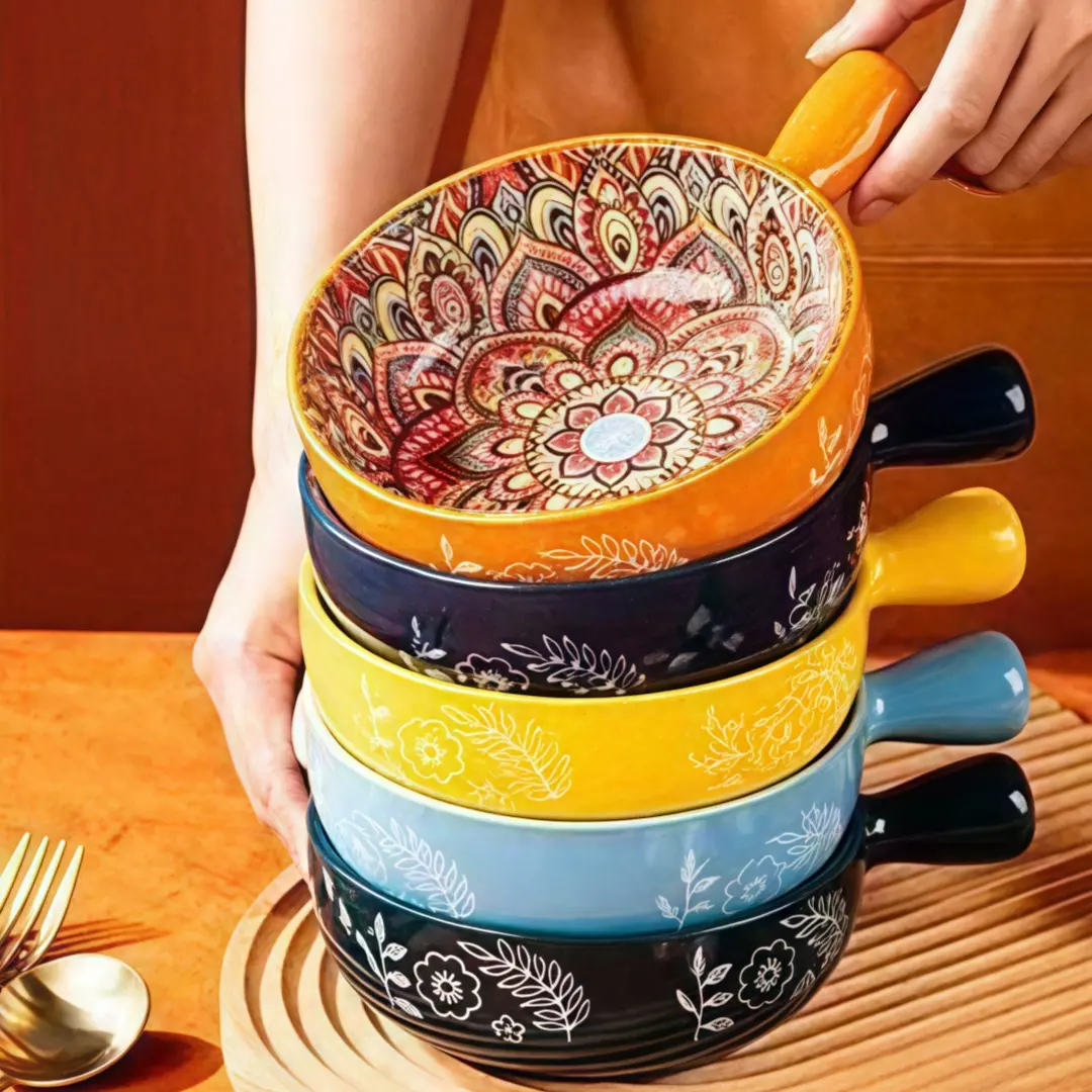 Boho Style Embossed Handle Ceramic Bowl, 1 Count Exquisite Vintage Salad Dessert Bowl, Household Breakfast Afternoon Tea Tableware, Dinnerware, Ceramic Salad Bowls, Bowl With Handle