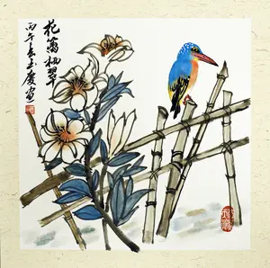 Hand-Painted Chinese Ink Artwork – Bird, Flowers, and Bamboo