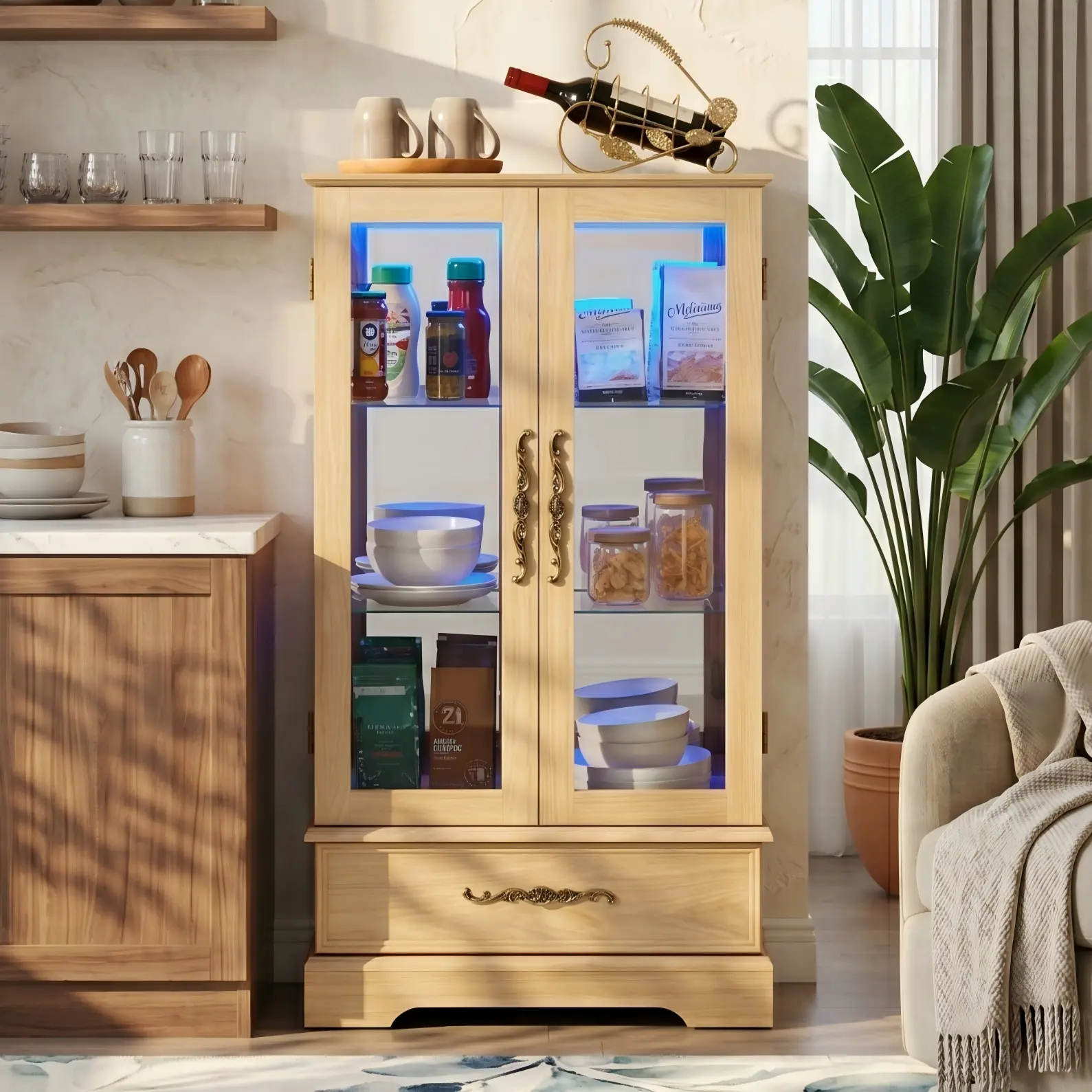 Eyisean 47" LED Vintage Glass Display Cabinet with Customizable Color Lights, Curio Cabinet with 3-Tier Adjustable Glass Shelves, Acrylic Mirrored Back Pane, Elegant Design China Cabinet for Living Room, Study Room, Kitchen