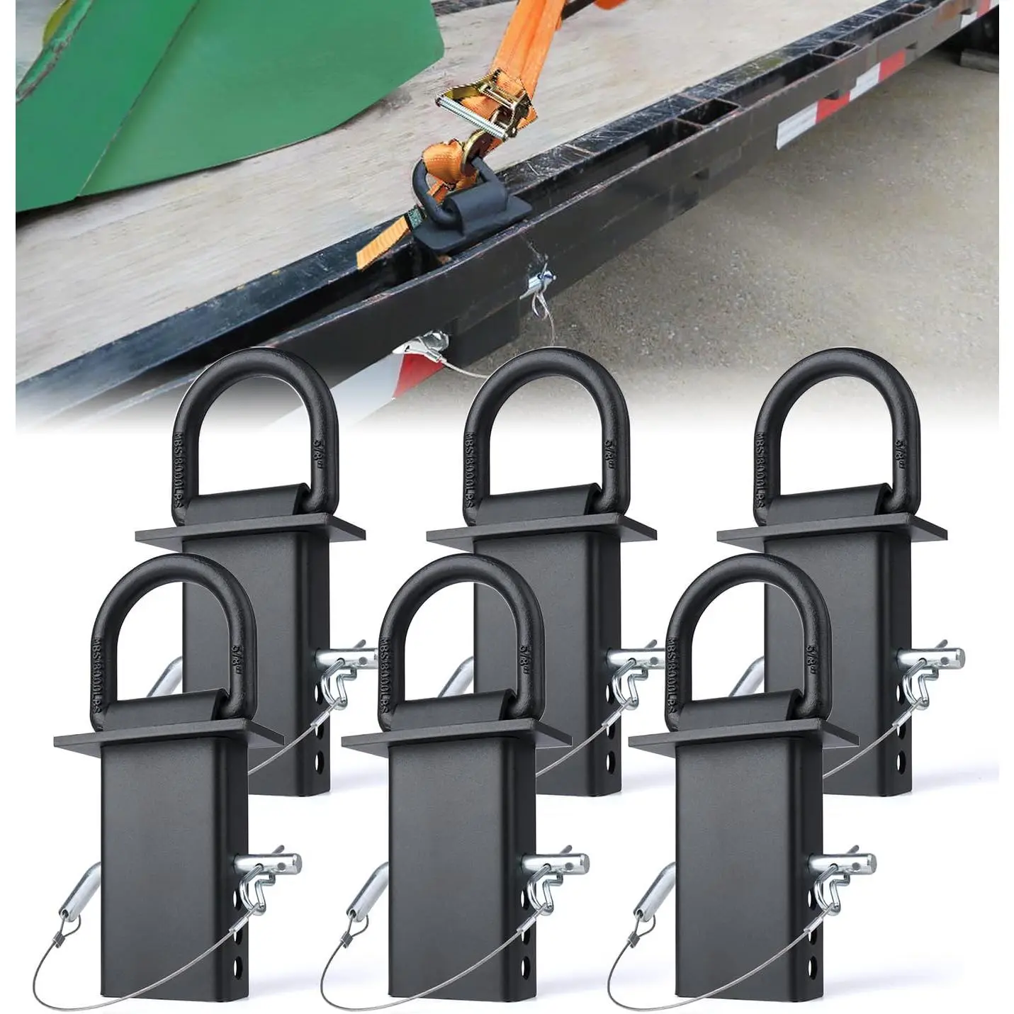 5/8" Heavy-Duty Stake Pocket D Rings with Anti-Loss Cord | Adjustable 18,000 lbs Trailer Stake Pocket Tie-Down Utility for Flatbed  and  | 4 Adjustable Holes | 6 Pack