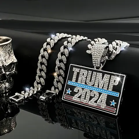 1pcs TRUMP 2024 Pendant and 13mm 20inch Cuban Chain Hip Hop Style Necklace Jewelry Unisex Suitable for Party Gatherings Wearing Decorative Necklace Sparkling Zirconia