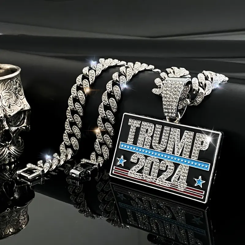 1pcs TRUMP 2024 Pendant and 13mm 20inch Cuban Chain Hip Hop Style Necklace Jewelry Unisex Suitable for Party Gatherings Wearing Decorative Necklace Sparkling Zirconia
