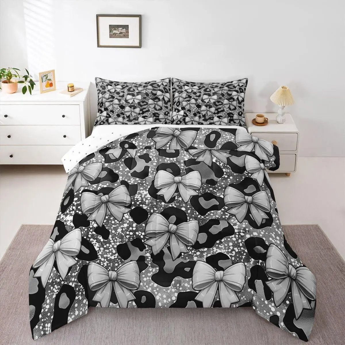 Bowknot Bedding Set Soft for Boys Girls,Gray Bow Comforter Set Leopard Duvet Quilt Microfiber Cheetah Bedroom Decor