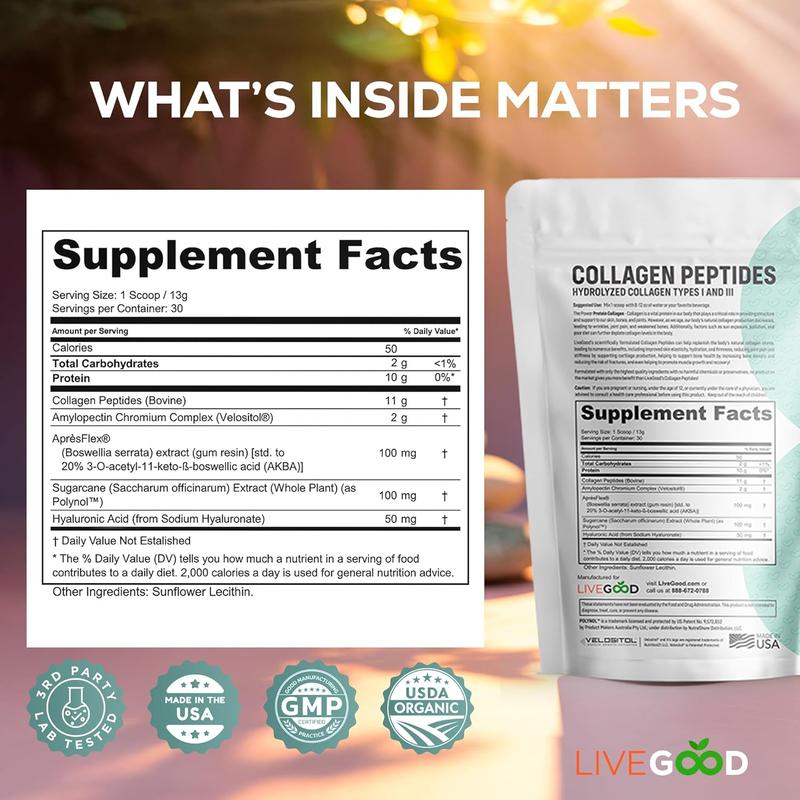 LIVEGOOD Collagen Peptides – Hydrolyzed Collagen Powder with Hyaluronic Acid | 30 Servings