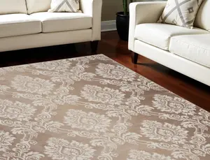 HomeRoots 550428 8 x 10 ft. Damask Distressed Non Skid Rectangle Area Rug, Ivory & Tan, Classic, Damask Print