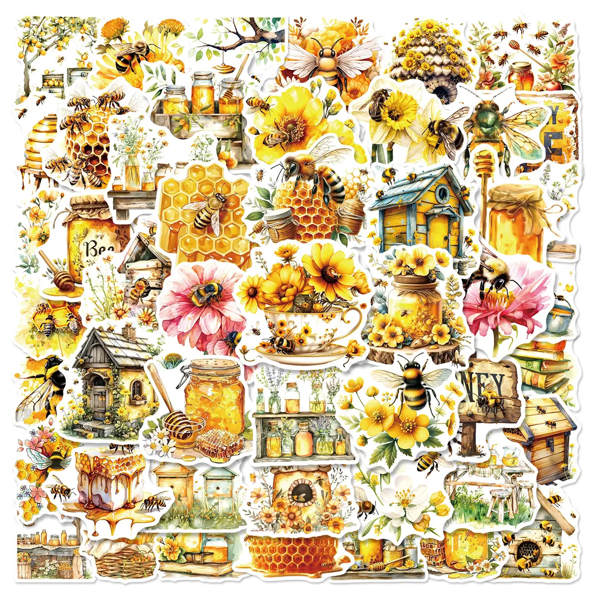 50pcs Bee Flower Series Graffiti Stickers Suitable for Suitcases, Mobile Phone Cases, Laptops, Helmets, Skateboards Waterproof Decorative DIY Creative Stickers