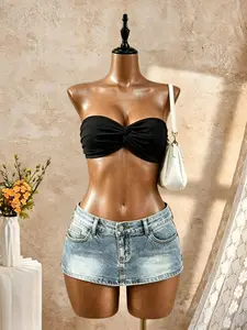 Sexy Ruched Knot Front Strapless Crop Top, Solid Color Elastic Tube Top, Millennial Style Summer Club Vacation