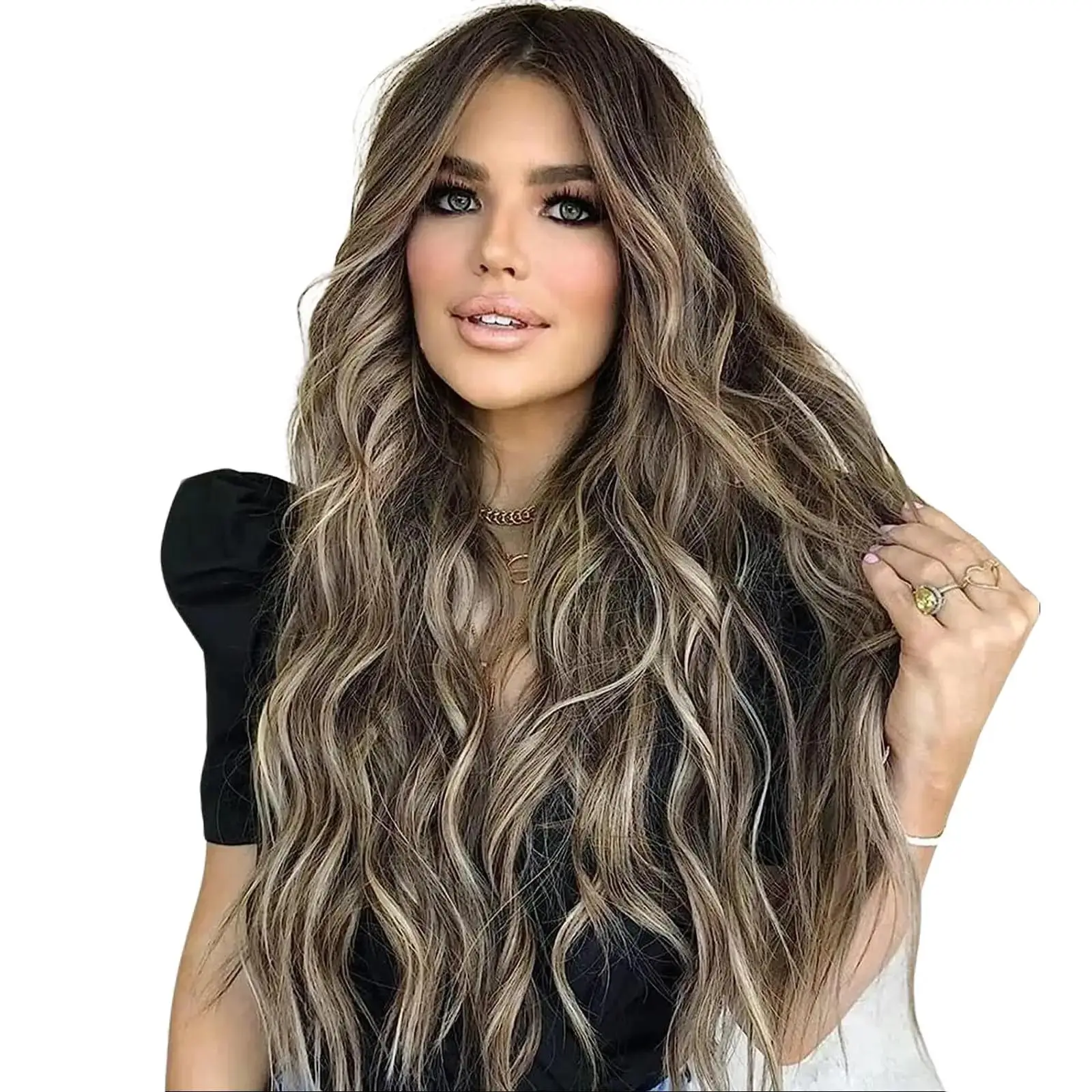HMD 26in Heat Resistant Synthetic Full Machine Wig, Long Middle Part Natural Wave Curly Wavy Wig, Natural Looking Hair Replacement for Daily Wear & Party Use, Natural Wave Wig