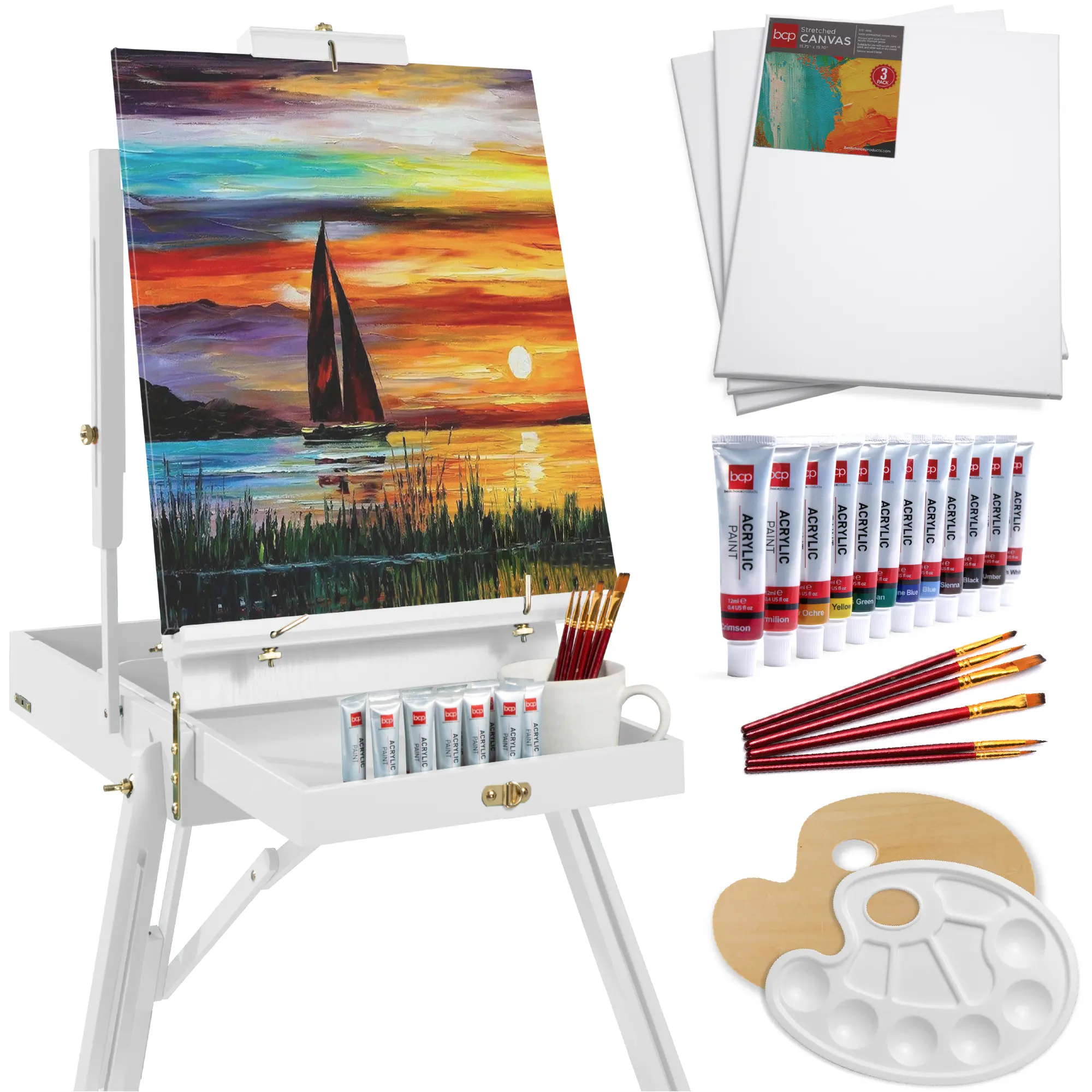 Best Choice Products French Easel, 32pc Beginners Kit Portable Wooden Adjustable Tripod  w/ Paint Supplies
