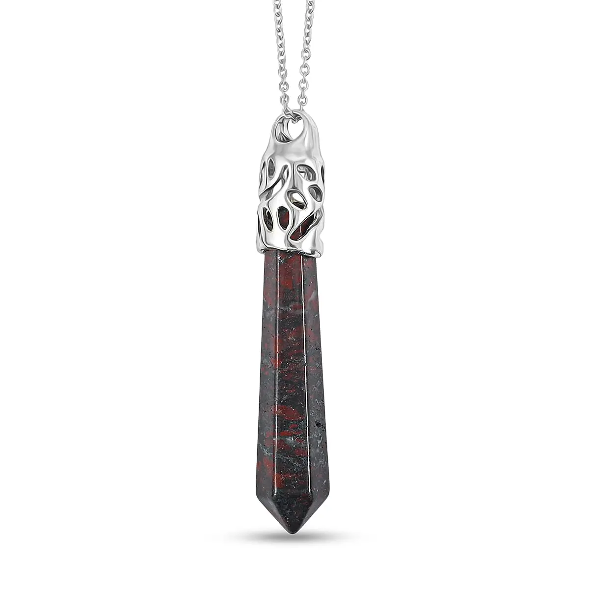 Hexagon Taper Point Poppy Jasper 50.00 ctw Pendant in Silvertone with Stainless Steel Necklace 20 Inches