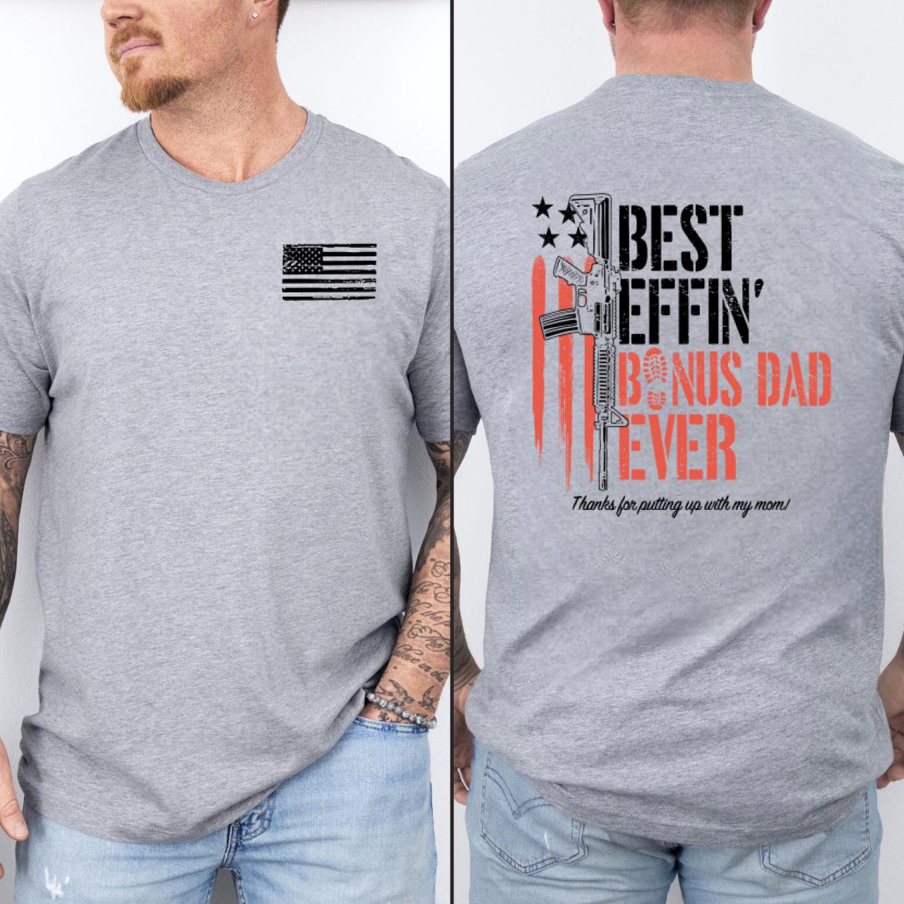 Men’s Short-Sleeve Casual T-Shirt – 2-Sided Patriotic American Flag Graphic Top, Unisex Bonus Dad Gift, Father’s Day Present for Stepfather