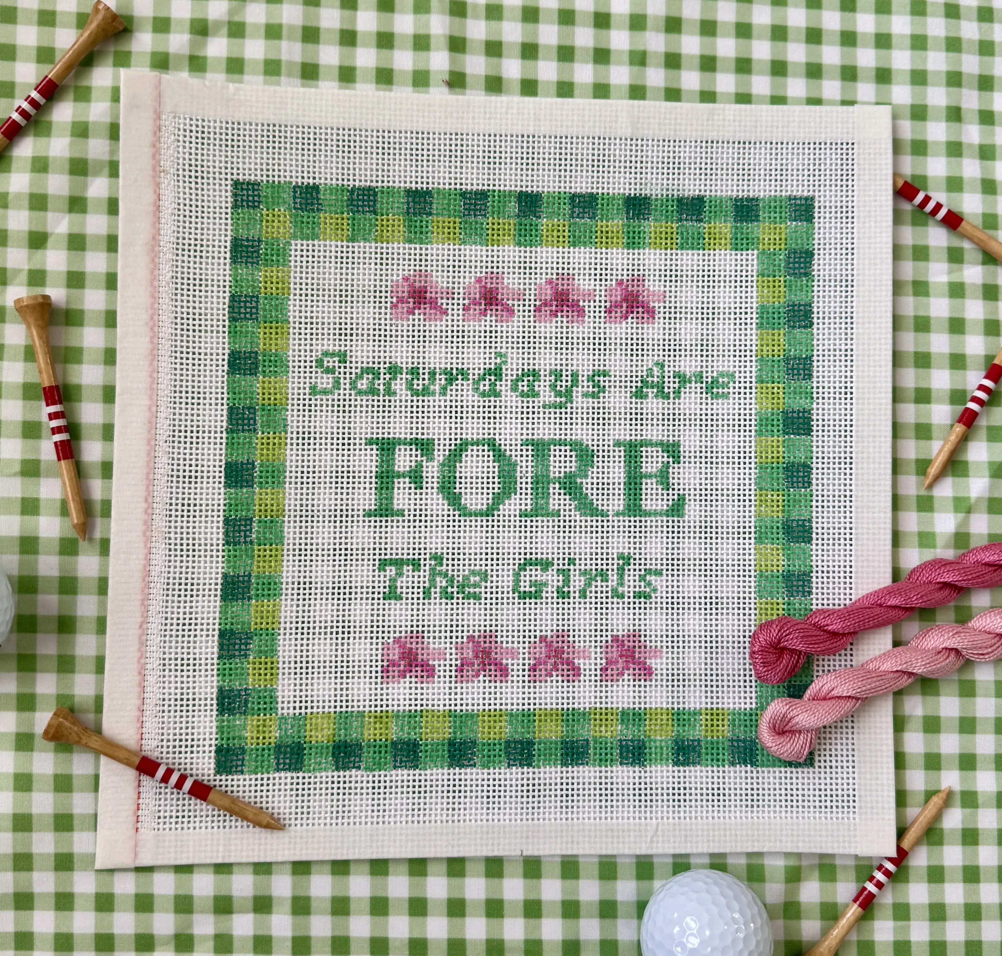 Golf Needlepoint - Fore Women's Golf Canvas with Gingham + Azaleas | Hand-Painted | Masters