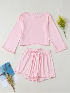 Spring New Pure Color Women's Sleepwear Loungewear Set, Long Sleeve Short Pants Two-Piece, Fitted, Elastic Fabric Soft Comfort Breathable Skin-Friendly