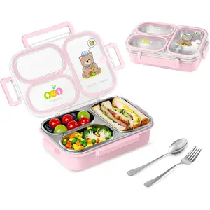 Stainless Steel Bento Lunch Box for , 26.4 oz Leak-Proof 3-Compartment Metal Bento Box, , Cute Cartoon Meal Prep Snack Container with Utensils for School, Office, Travel -