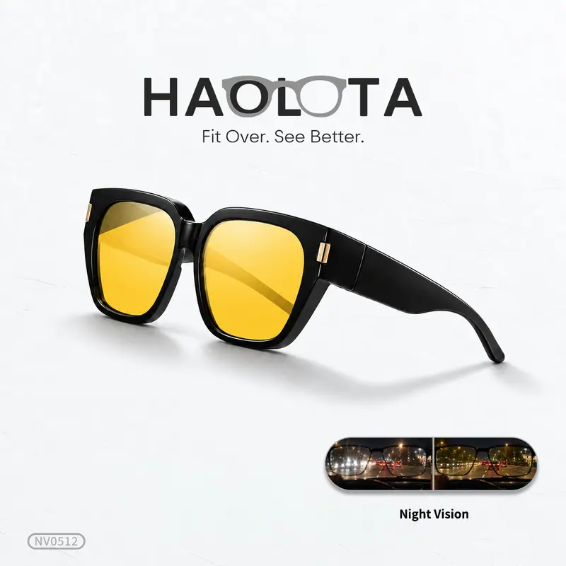 HAOLOTA Polarized Fit-Over Sunglasses - Rectangular Yellow TAC Lens, Anti-Glare HD Night Vision, Anti-Reflective Coating, Unisex Wrap-Around Eyewear for Driving, Easy to Use with Any Prescription Lens