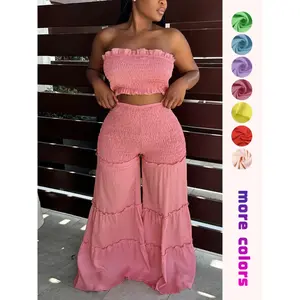 Women's 2-Piece Boho Crop Tube Top & High Waist Pants Set - Sleeveless, Short, Frill Trim, Shirred, Flare Leg, Fitted Summer Womenswear for Beach Holiday Vacation