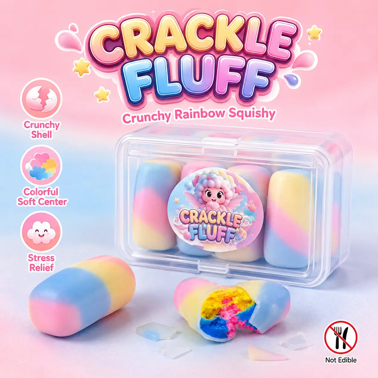 4-Piece Crunchy Rainbow Squishy Toys, Crackle Fluff Marshmallow Sensory Squeeze Fidget Toys with Colorful Design and Storage Case, Stress Relief Toy, DIY