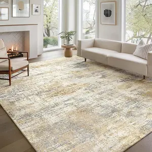 Modern Neutral Abstract Area Rug Living Room Washable Rugs  Low Pile Non Slip Floor Carpet - Large Soft Thin Stain Resistant Rug for Bedroom Dining Indoor Office Home, Gold Grey