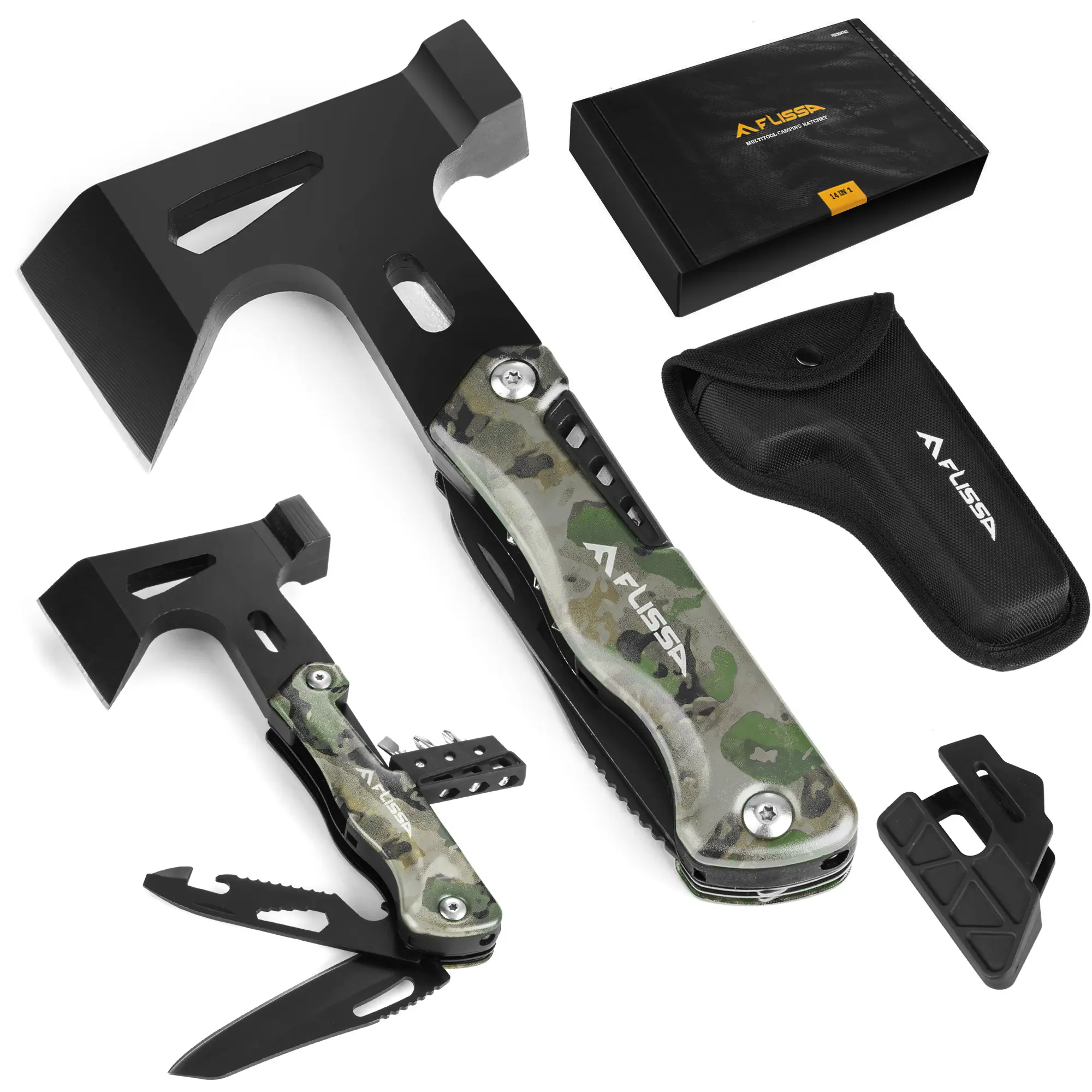 #fathersdaygift FLISSA Camping Axe Hammer Multitool, Hatchet Multi Tool Camo Stainless Steel, EDC Hiking Survival Multi Function Tool Pocket Knife with Sheath