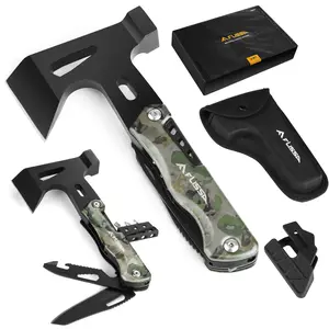 #fathersdaygift FLISSA Camping Axe Hammer Multitool, Hatchet Multi Tool Camo Stainless Steel, EDC Hiking Survival Multi Function Tool Pocket Knife with Sheath