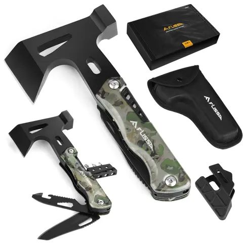 #backtoschool FLISSA Camping Axe Hammer Multitool, Hatchet Multi Tool Camo Stainless Steel, EDC Hiking Survival Multi Function Tool Pocket Knife with Sheath
