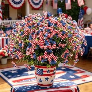 50 artificial flowers for July 4th, patriotic red, white and blue designs, durable plastic indoor/outdoor decorative decorations for Independence Day, Memorial Day, families, dining tables and parties