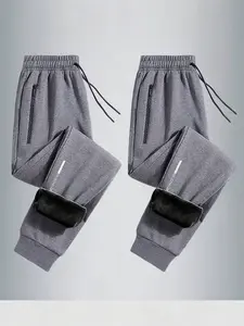 Men's Plus Size Two-Piece Fleece Lined Casual Sports Pants, Athletic Casual Trousers, Elastic Waist Tie-Back, Zip Pockets, Soft Comfortable, Outdoor & Daily Wear, Fleece Running Pants