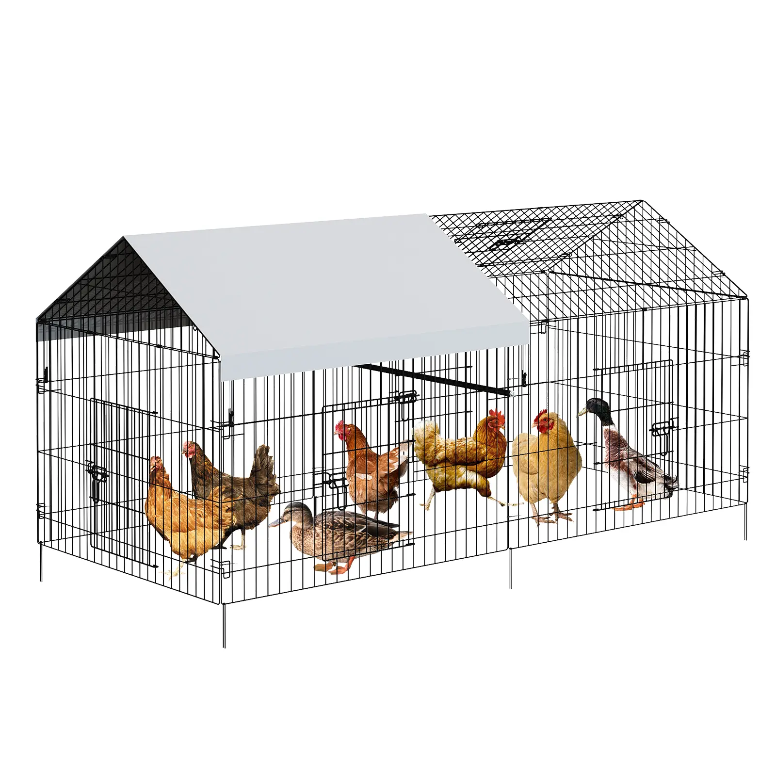 Large Epoxy-Coated Metal Chicken Coop Enclosure, 86/130in L Run, 130in L x 40in W x 40in H, Metal Frame, Waterproof Roof, UV-Protected Cover, All-Season Use, Ground Nails Included, Backyard Farm Poultry Hen House for Chickens Ducks