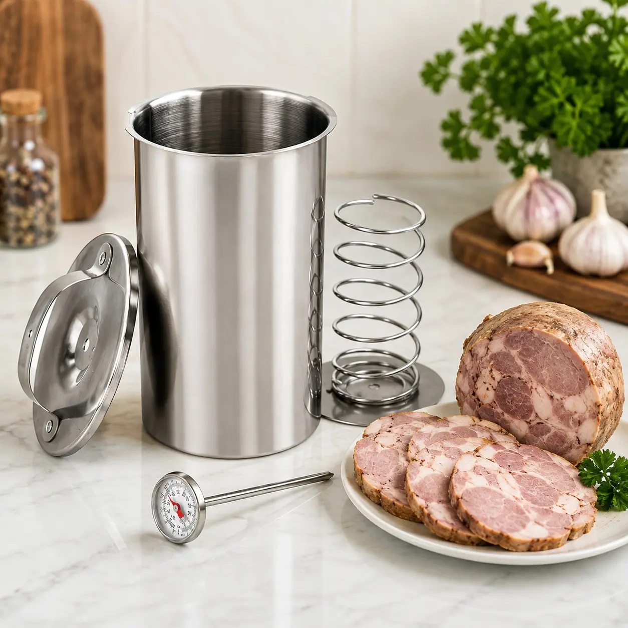 Stainless Steel Ham Maker with Thermometer, Homemade Deli Meat Press Cooker, Bacon & Sausage Maker, Meat Press Mold for Healthy Lunch Meat, Kitchen Boiler Pot for Stove Cooking