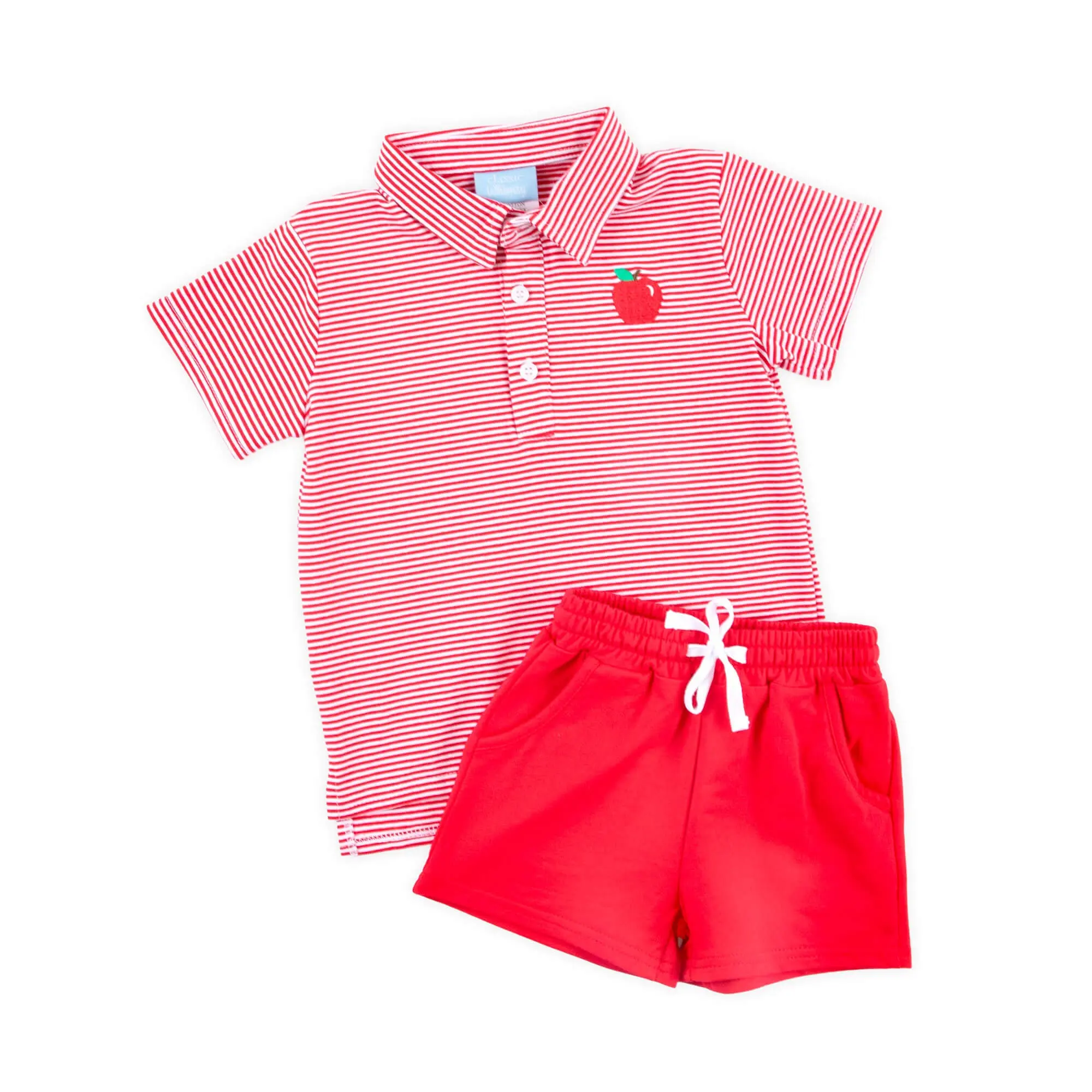 Sharp Student Red Stripe Polo Short Set - Soft Knit Back to School Outfit for Boys
