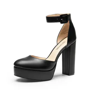 Dream Pairs Plain Black TPR Flare Heeled Platform Ankle Strap High Heel Pumps - Almond Toe Slip On Closure - Perfect for Summer Parties Dream Pairs Plain Black TPR Flare Heeled Platform Ankle Strap High Heel Pumps - Almond Toe Slip On Closure - Perfect for Summer Parties