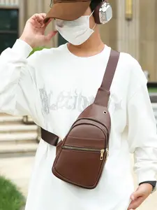 Men's Casual Solid Color Sling Bag, Fashionable PU Leather Chest Bag for Daily Used, Casual Trendy Versatile High-quality Daily Commuting Bag, Zipper Fanny Pack, Zipper Belt Bag, Waist Packs