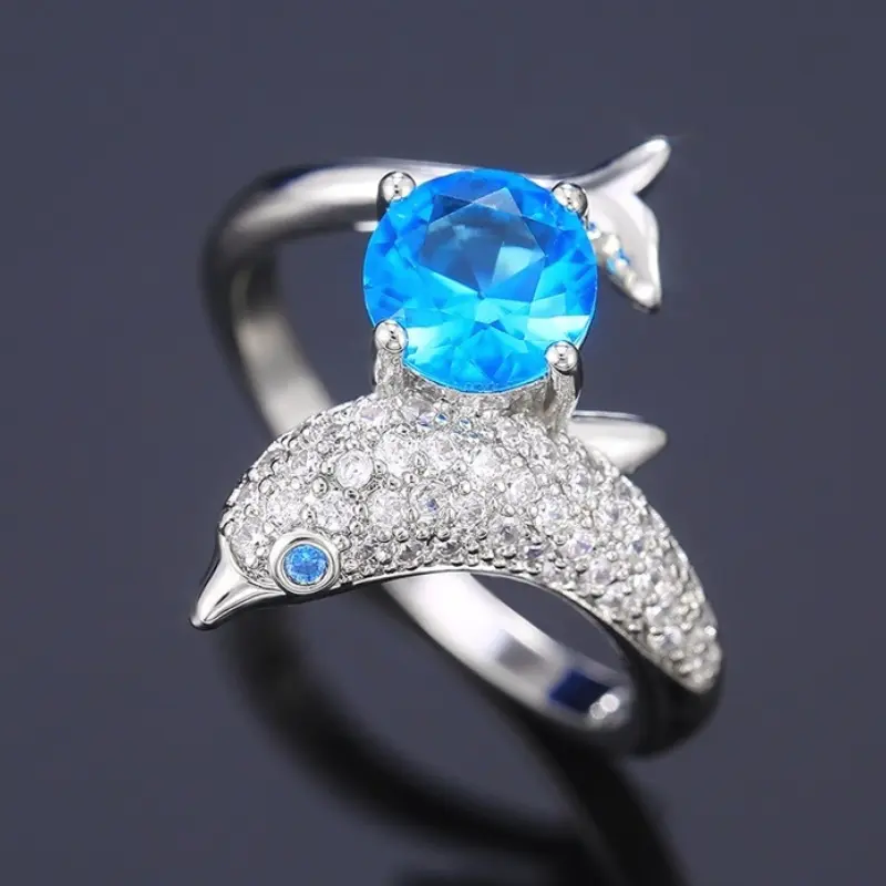 Exquisite Cute Dolphin Shape Rings for Women Silver Color with Blue/White Cubic Zirconia Party Jewelry Girl's Birthday Gifts