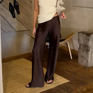 Women's Casual Wide Leg Dress Pants Elastic Waist Solid Color Satin Pants Work Trousers