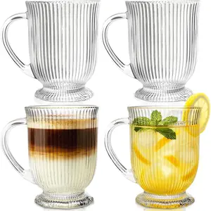 4 Pack Ribbed Glass Coffee Mugs, 16 Oz Clear Large  Glasses with Handle, Classic Vertical Stripes Drinking Cups  Glassware for Beverages, Cappuccino, Latte, Espresso, Juice