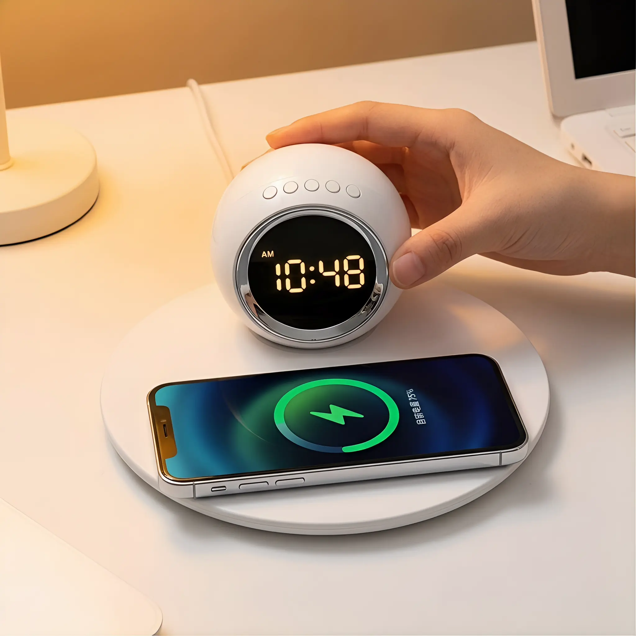 4-in-1 Wireless Charger Stand with Digital Clock, Fast Charging for iPhone & Mobile Cellphone, Electronic Gadgets Charging Station with Nightlight, Large Display - DST & Volume Control