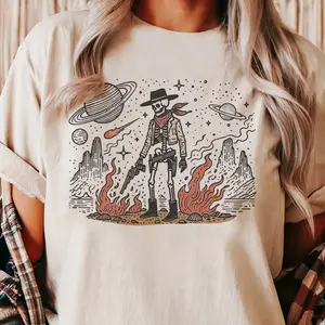 Space Cowboy Skeleton Graphic Tee Cosmic Western Cowboy Skull Tshirt Vintage Cowboy T-shirt Sci-Fi Skeleton Cowboy, Outer Space Wild West Top