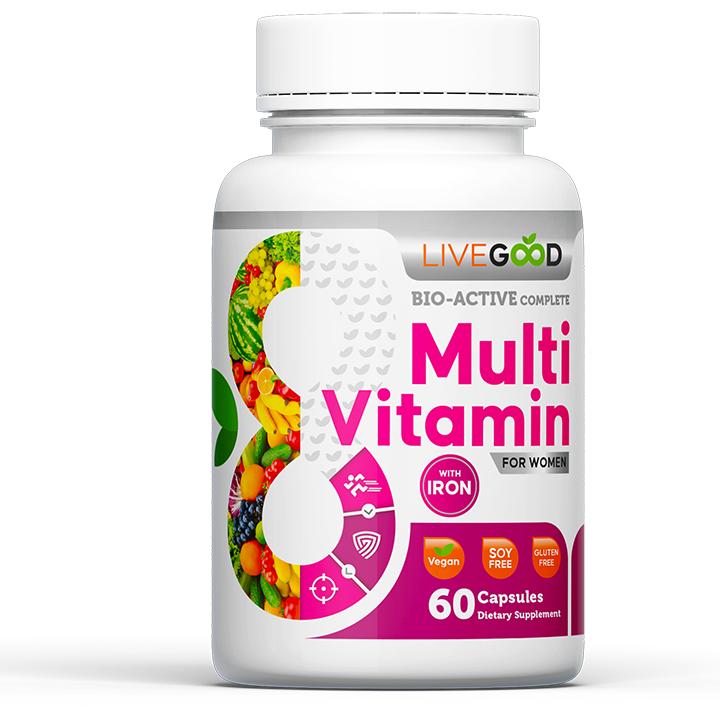 LiveGood Women’s Bio-Active Complete Multivitamin with Iron, Vitamin A, B12, C, E & Lycopene - 24 Nutrients for Energy, Bone & Immune Support - 60 Capsules Edible