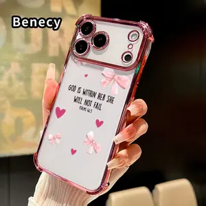 Phone Case for iPhone 17 Pro Max 16 15 Plus Air 14 13 12 11 E Divine Heart Bow Pattern Four Corners Reinforced Shockproof Transparent Soft Silicone Cover
