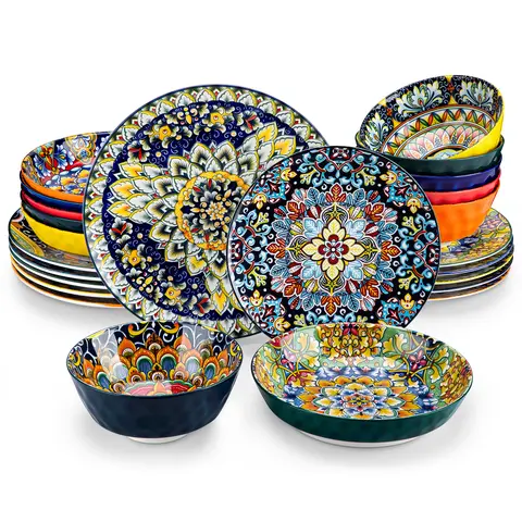 vancasso 12/16/18/24 Pieces Dinnerware Sets, Plates and Bowls Set, Porcelain Dishes Set for 4/6, Microwave and Dishwasher Safe, Scratch Resistant, Bohemian Style Dining Ware Service for 6, Series SIMI