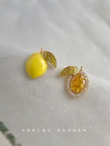Summer Lemon Earrings, Unique Designer Silver Color Studs with Micro Zirconia, Handmade Asymmetric Fruit Ear Piercings