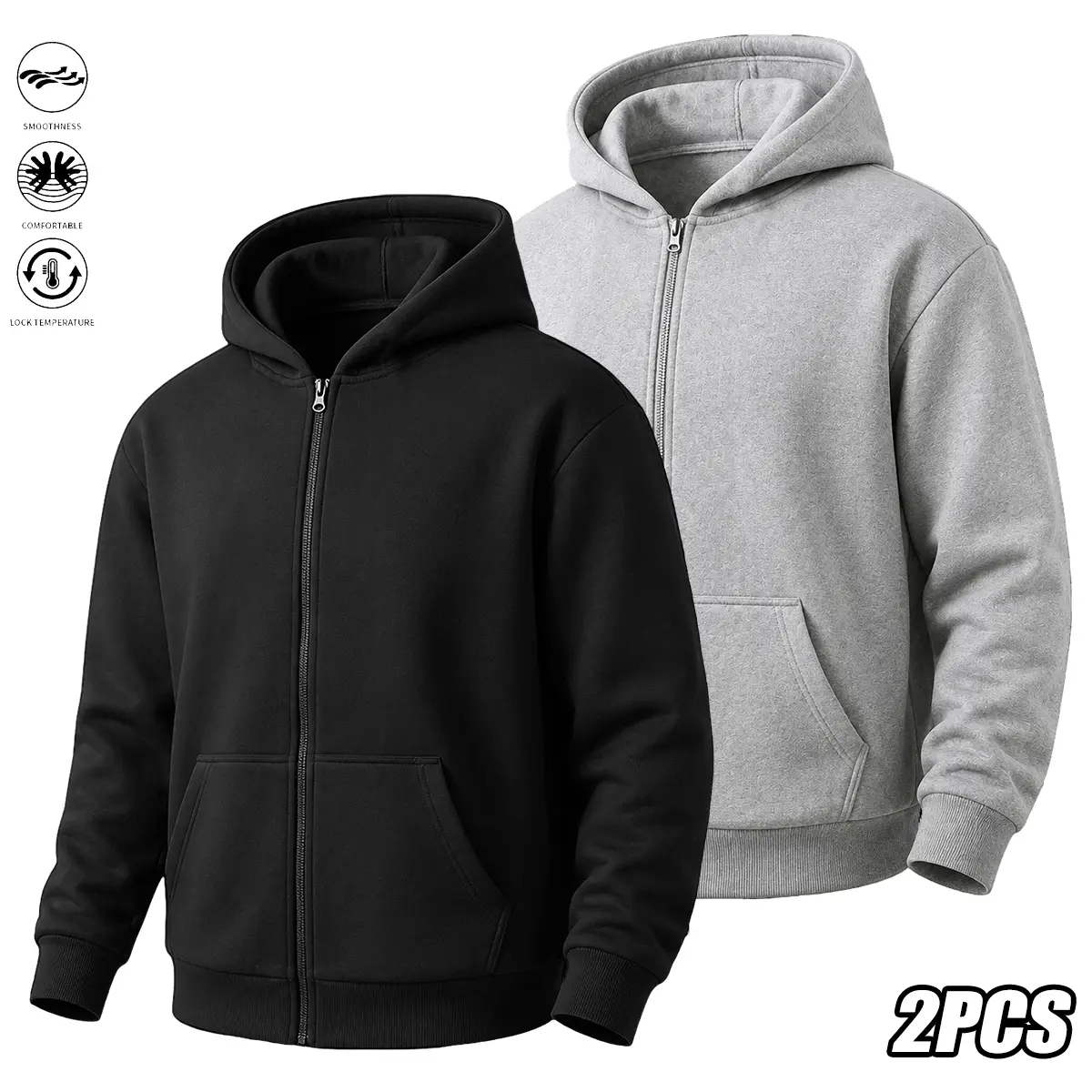 2pcs - Men's Casual Sport Hooded Jacket, Long Sleeve Zip-Up Hoodie, Autumn/Winter Outdoor Sport Top, Stylish and Versatile for Sports, Fitness, and Jogging, Warm -Lined Hooded Outerwear, Plush and Skin-Friendly, Suitable for Outdoor, Leisure