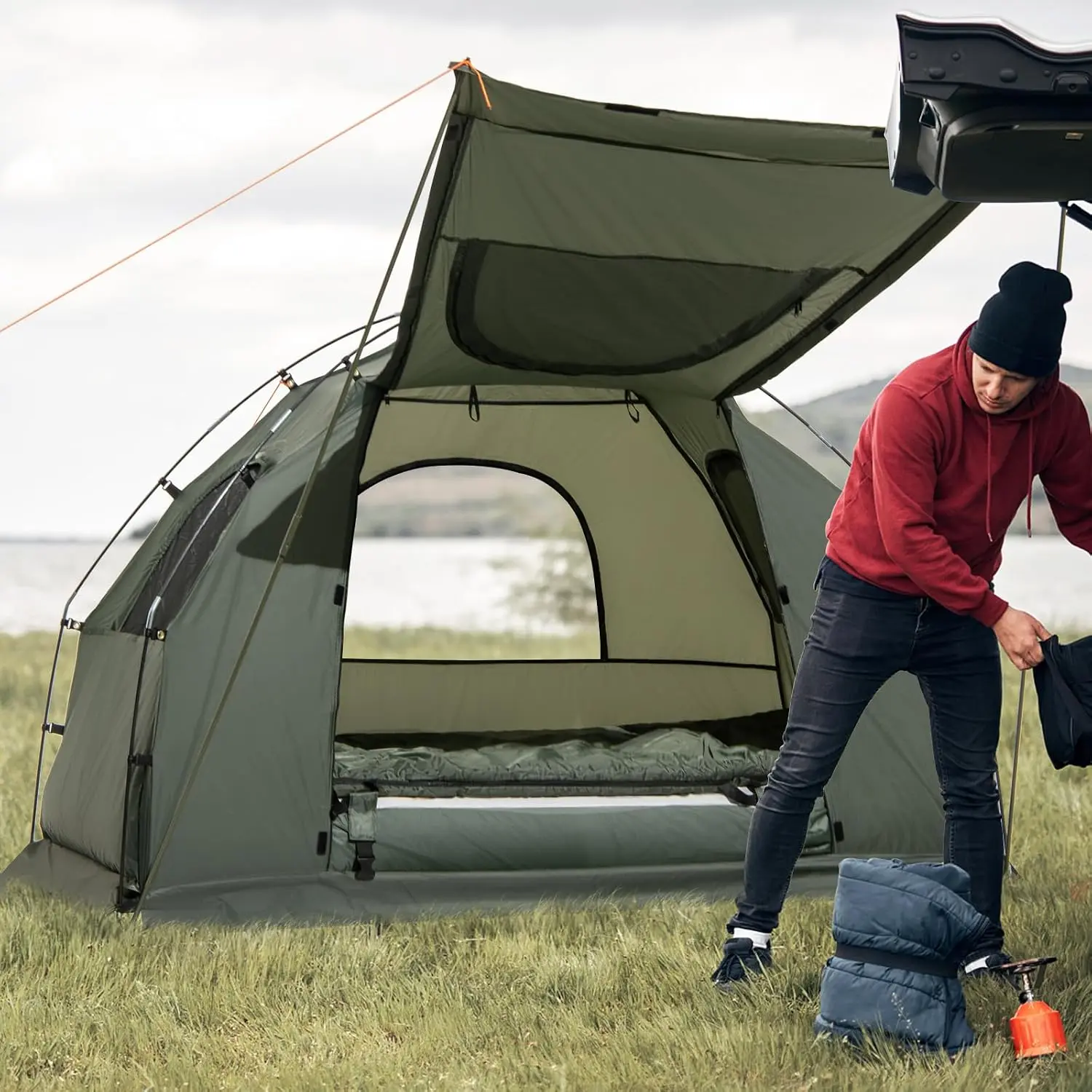 Vallmore 5-in-1 Tent Cot, Elevated Off-Ground Camping Tent w/ Air Mattress, Sleeping Bag, Air Pillow, Foot Pump & Wheeled Bag – Camping, Hiking, Travel, 300 lb