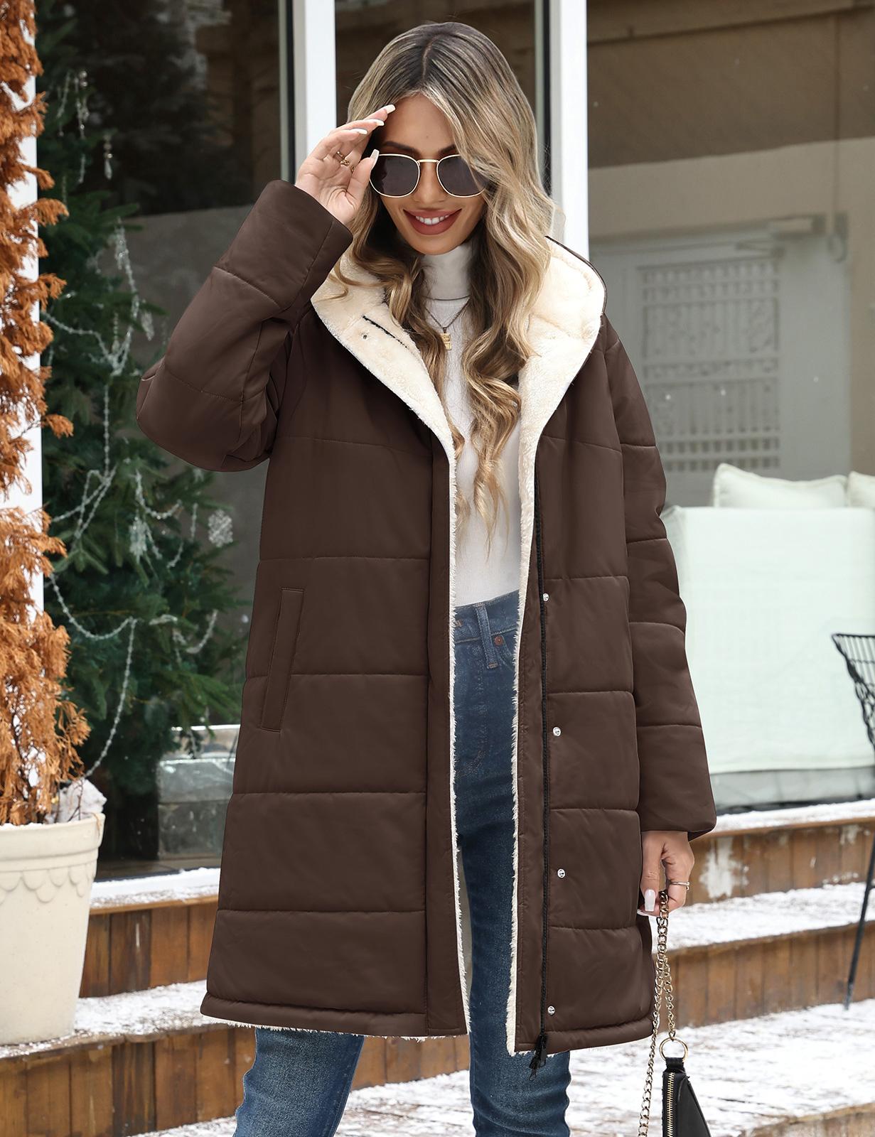 UMIPUBO Women's Long-Sleeve Casual Fit Faux Sherpa Lined Hooded Puffer Parka, Warm Quilted Full-Zip Everyday Winter Outer Coat with Pockets, Stylish Design, Jackets