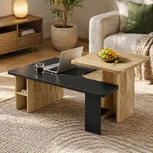 2-Piece Wood Grain Particle Board Nesting Tables Set - Farmhouse Vibe Rectangular Indoor Furniture, Full Assembly for Small Living Room Sofa Side Use