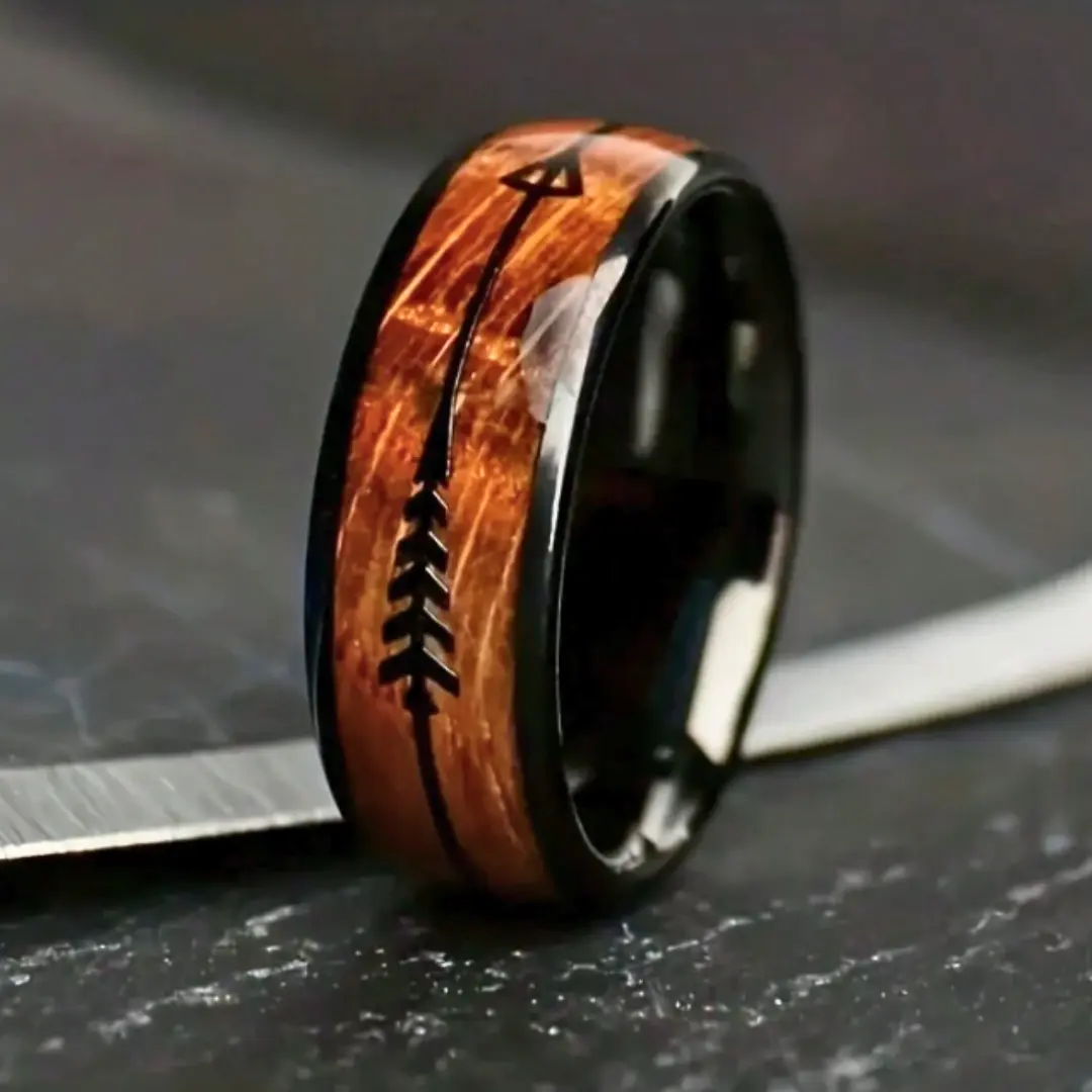 Men's Fashion 8mm Stainless Steel Wedding Engagement Ring, Faux Wood Grain and Herringbone Arrow Ring, Favorite Holiday Gift