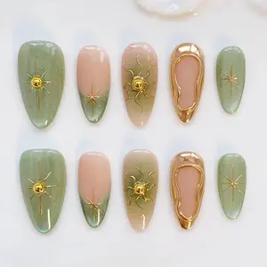 Green And Gold Press On Nails, Luxury Fake Nails With Sun And Star Design, Nude And Metallic Nail Set