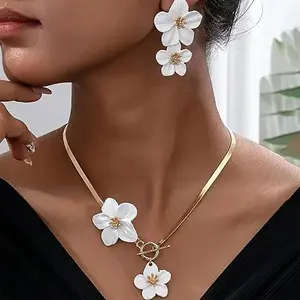 Veliora Gift B Gold Flower Earrings Necklace Set Floral Statement Earrings for Women Flower Wedding Jewelry Sets for Brides Wedding Guest Dresses for Women